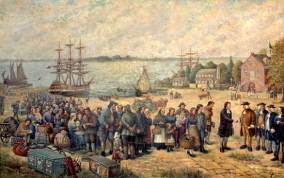 "Landing of the Schwenckfelders from the St. Andrew" by Adolf Pannash, Collection of the Schwenkfelder Library