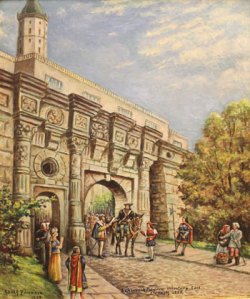 Painting by Adolf Pannash (1929) depicting Caspar Schwenckfeld voluntarily leaving the town of Liegnitz. Courtesy of the Schwenkfelder Library & Heritage Center.