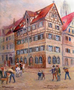 Agatha Streicher home where Schwenckfeld spent his last days. Original painting by Adolph Pannash. Courtesy of Schwenkfelder Library & Heritage Center